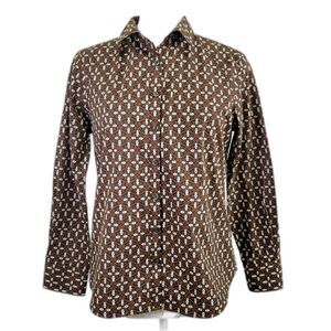 Lands End No Iron supima cotton brown pattern long sleeved blouse size 4 petite